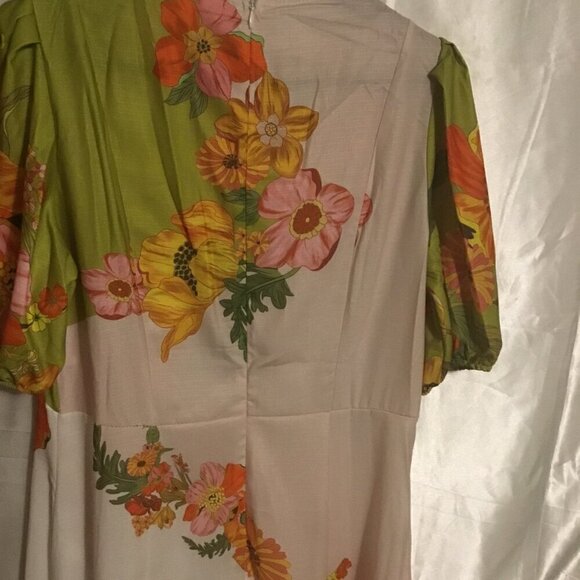 Floral Short Sleeve Tropical Silas  Puff Sleeve Crew Neck Midi Dress L - Picture 12 of 13